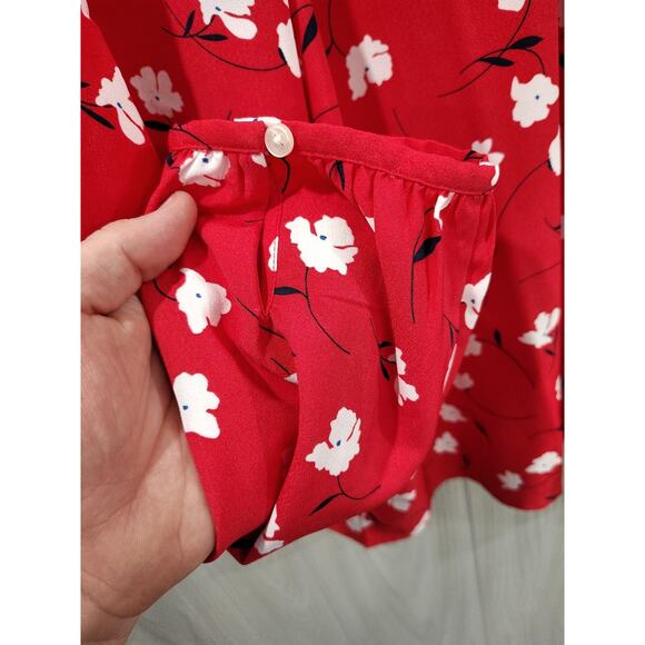 J Crew Blouse Women Red Floral Print Plus Size 3X Fairy Peasant Ruffle Neck Top - Picture 3 of 8